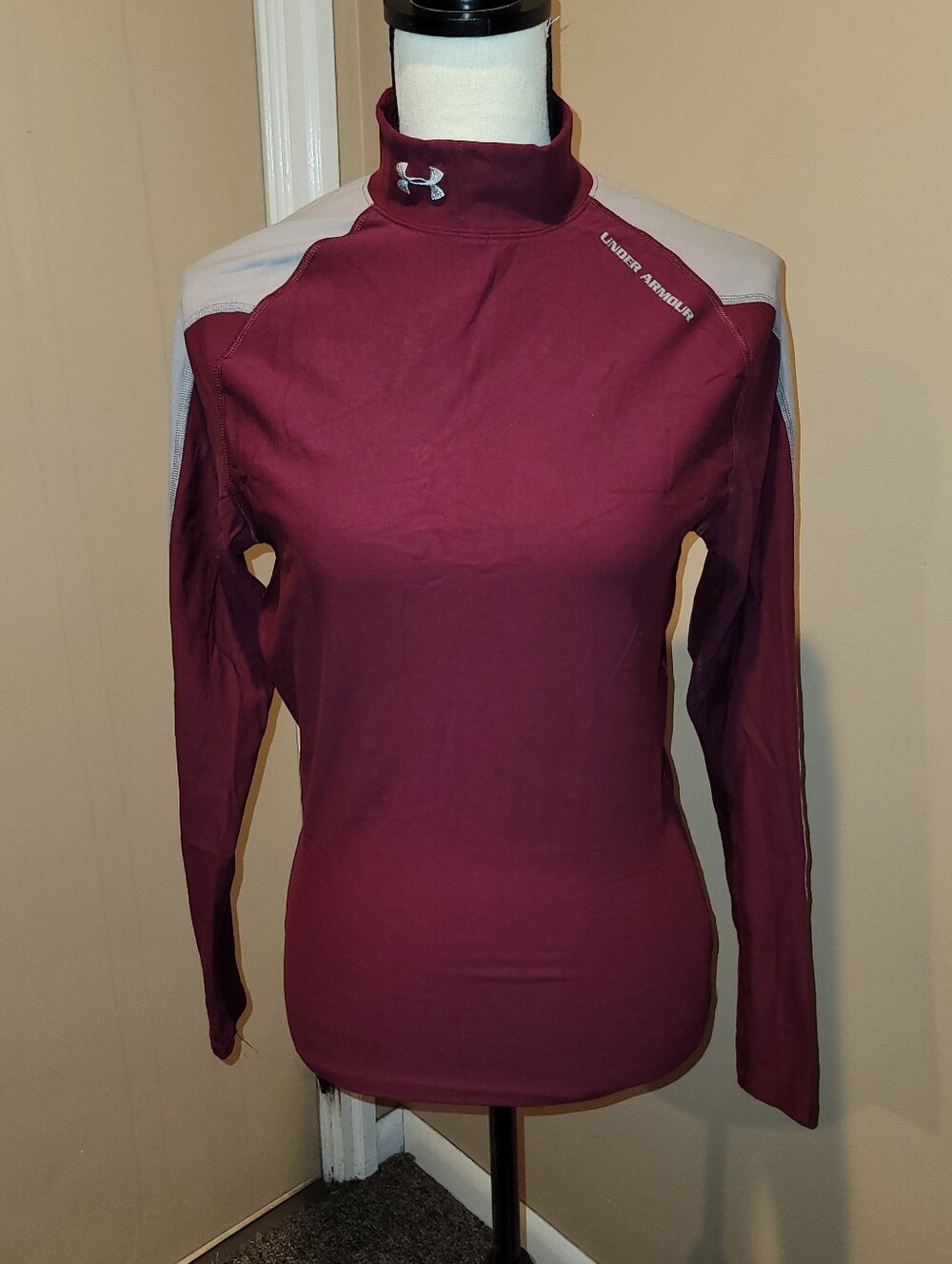 Under Armour Women's Maroon Long Sleeve Mock Neck Top with Light Gray Accents